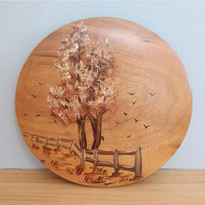 Vintage Signed Hand Painted Fence Trees Birds Scene Round Wood Wall Plaque 5.5"
